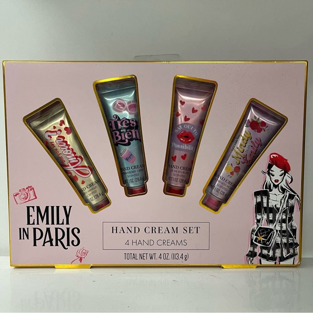 Emily in Paris Gift Set 4 Hand Creams Vanilla Strawberry Rose French Violet Trav